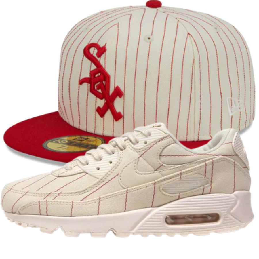 Retro Jersey Script Fitted Hats w/Air Max 90 'Pinstripes Natural Chili Red'