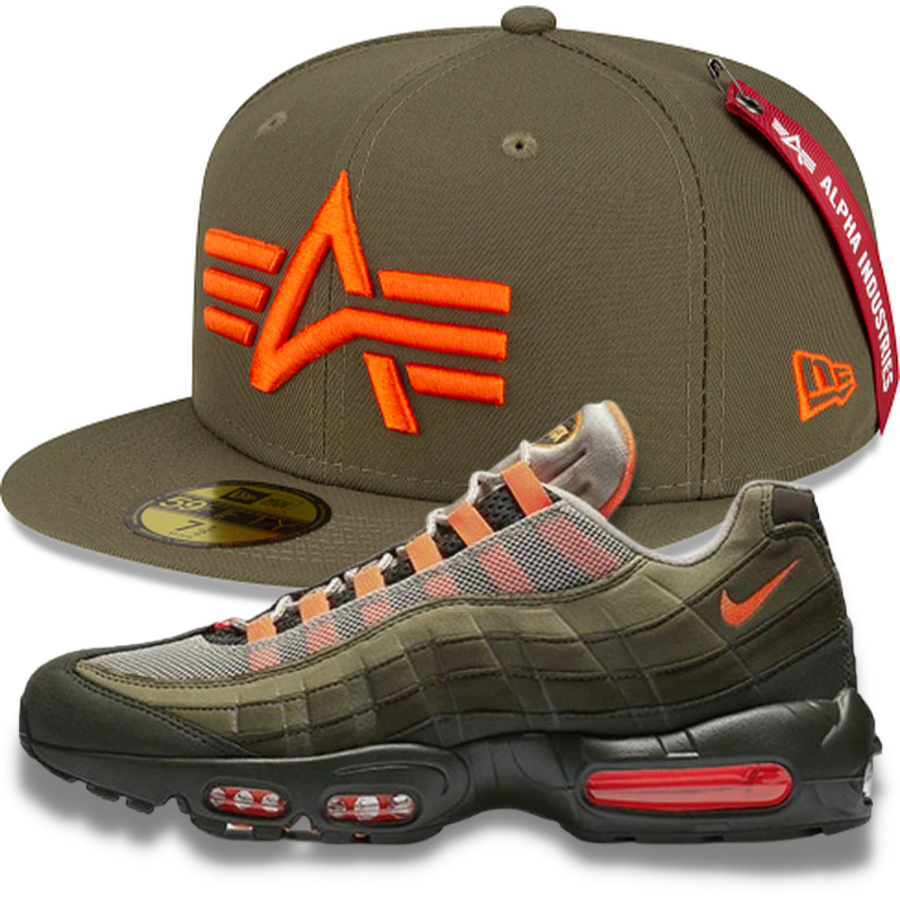 New Era x Alpha Industries Olive Fitted Hat w/ Nike Air Max 95 OG Neutral Olive Total Orange