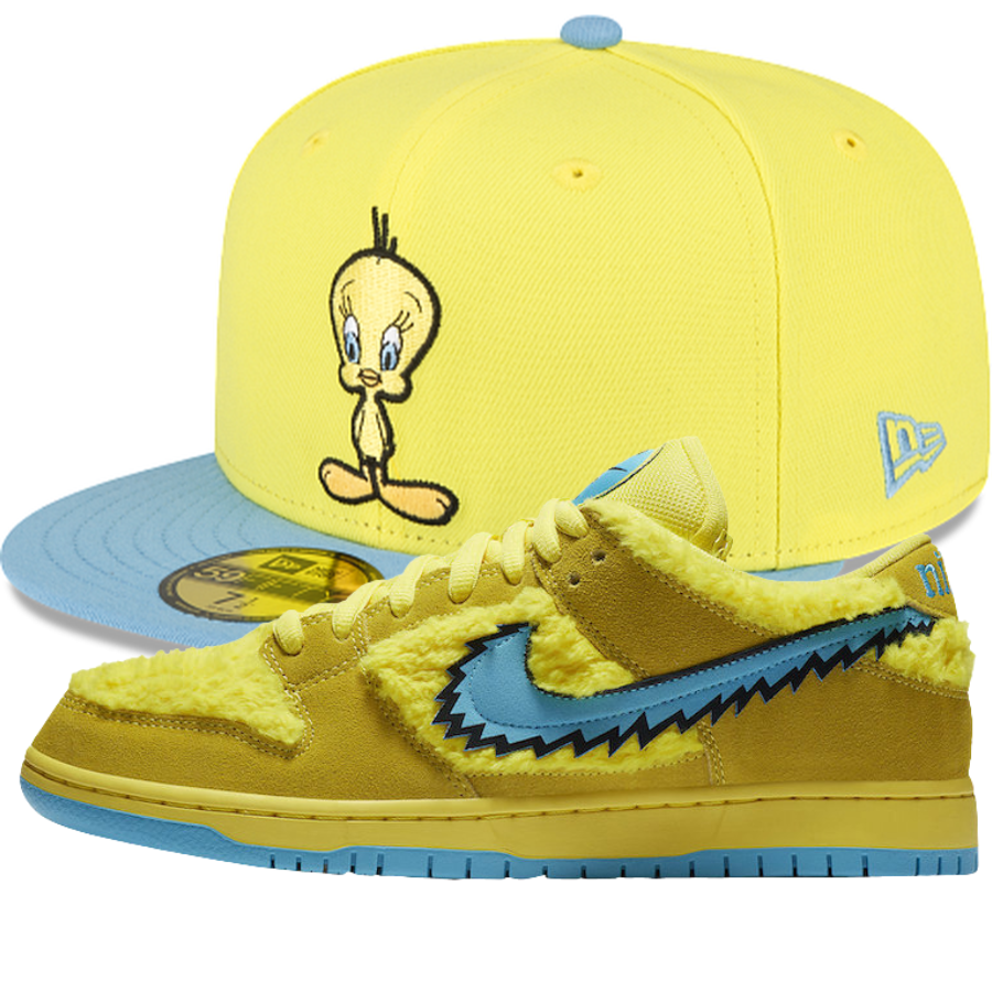 New Era Looney Tunes Tweety Bird Fitted Hat w/ Nike SB Dunk Low Grateful Dead Yellow Bear