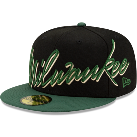 New Era Milwaukee Bucks Cursive 59FIFTY Fitted Hat