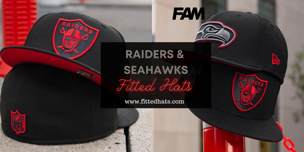 Black and Red Seahawks and Raiders Fitted Hats