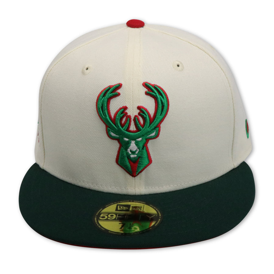 New Era Milwaukee Bucks 2X NBA Champs Cream/Dark Green 59FIFTY Fitted Hat