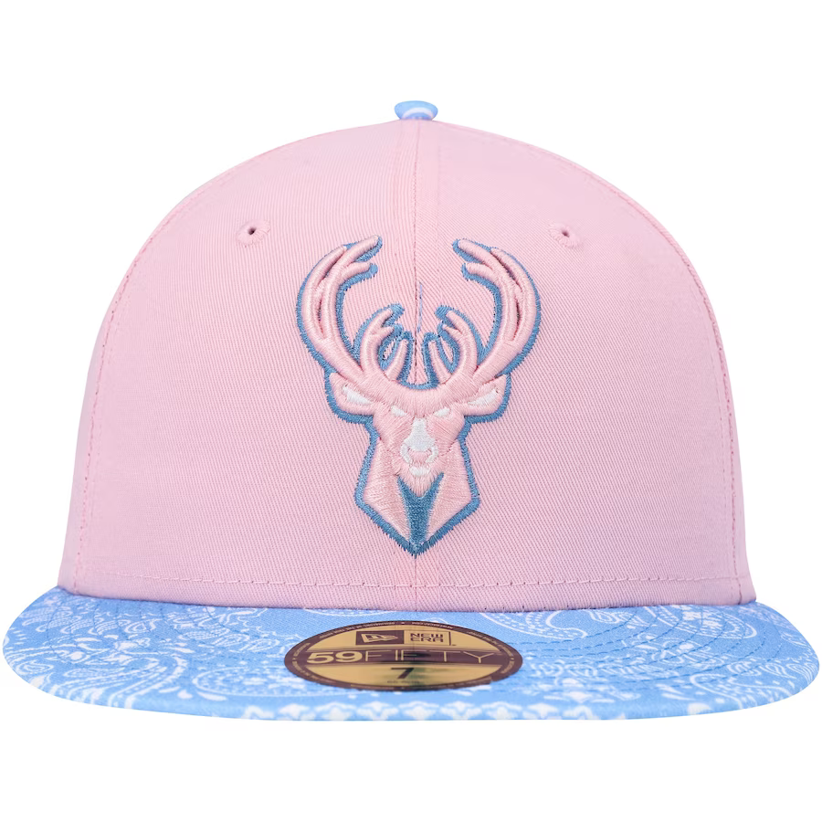New Era  Milwaukee Bucks Pink/Light Blue Paisley Visor 59FIFTY Fitted Hat