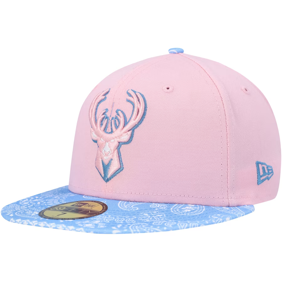 New Era  Milwaukee Bucks Pink/Light Blue Paisley Visor 59FIFTY Fitted Hat