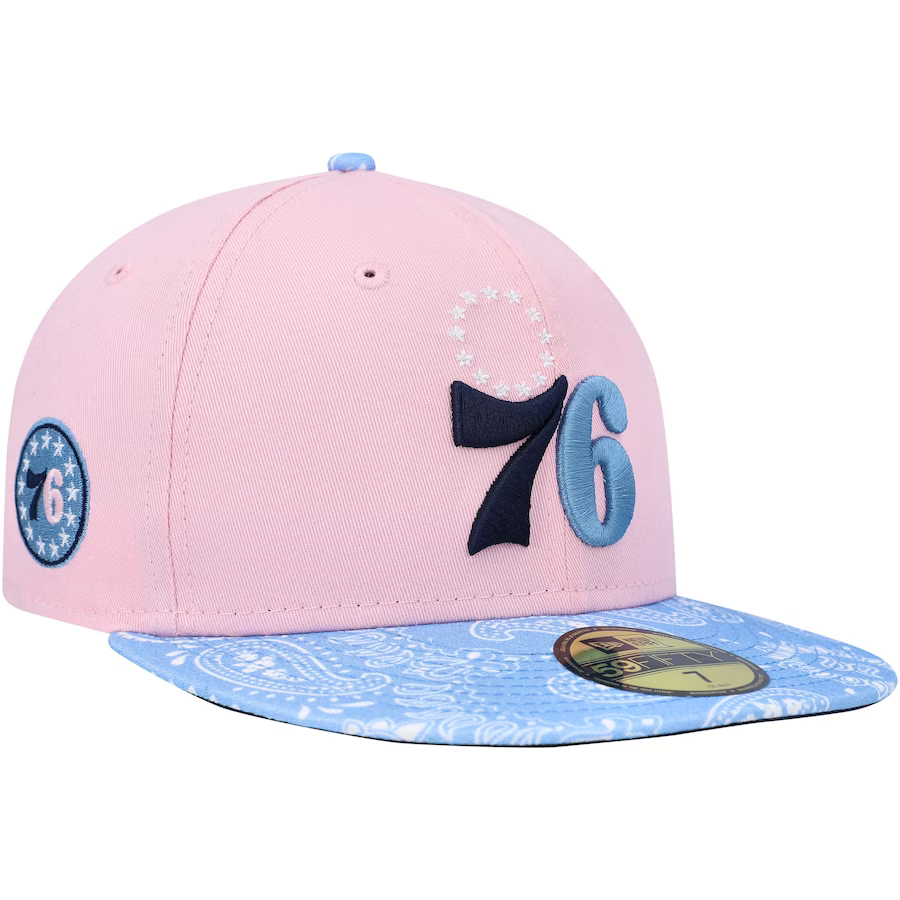 New Era Philadelphia 76ers Pink/Light Blue Paisley Visor 59FIFTY Fitted Hat