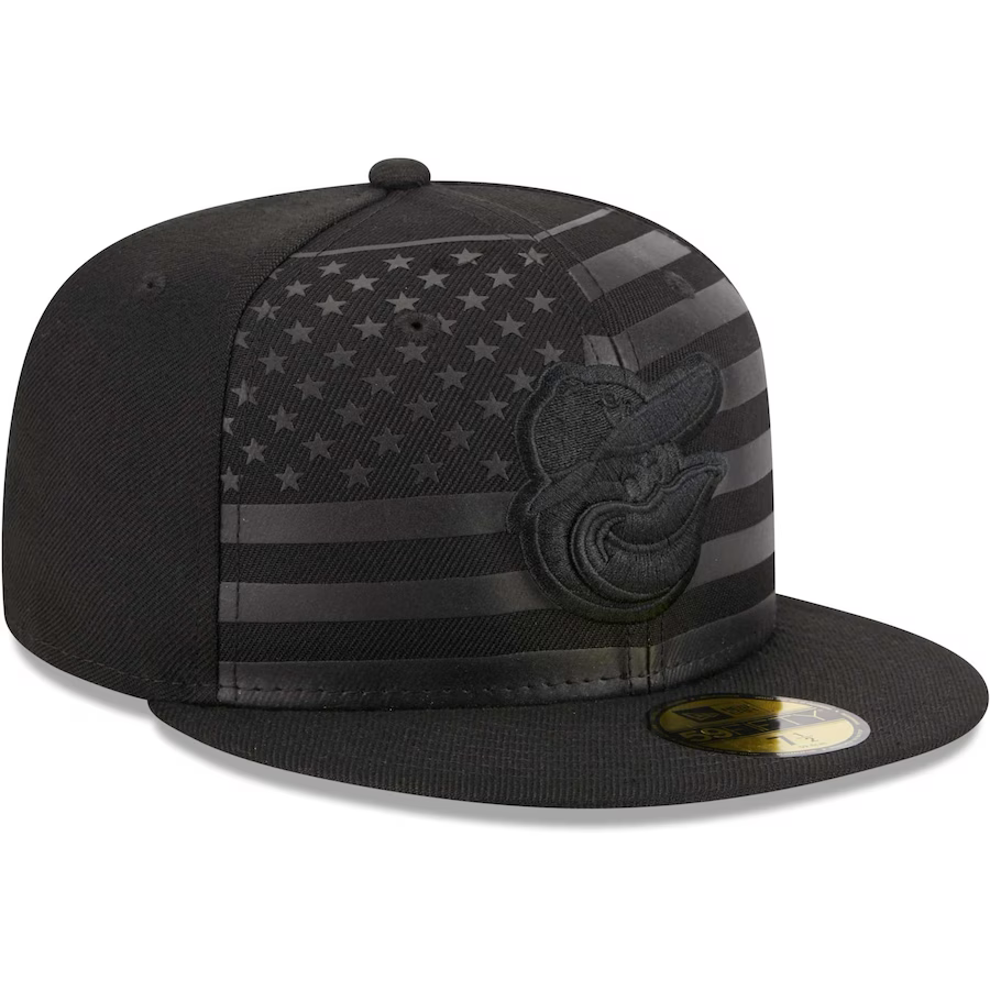 New Era Baltimore Orioles All Black American Flag 2023 59FIFTY Fitted Hat