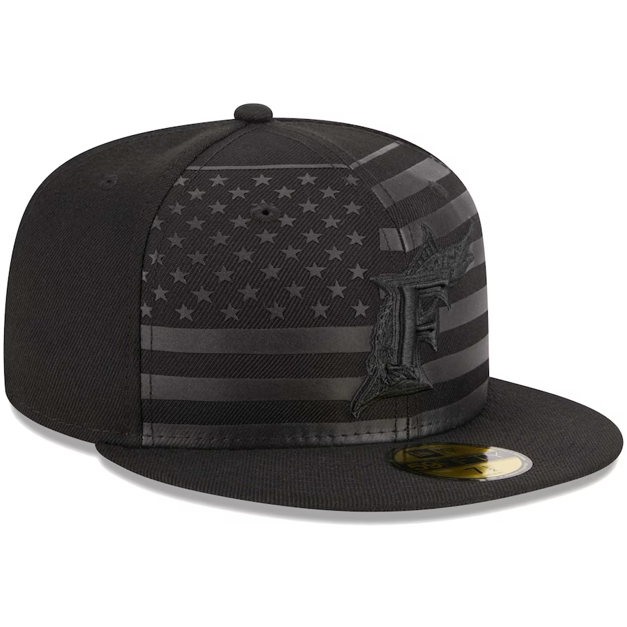 New Era Florida Marlins All Black American Flag 2023 59FIFTY Fitted Hat