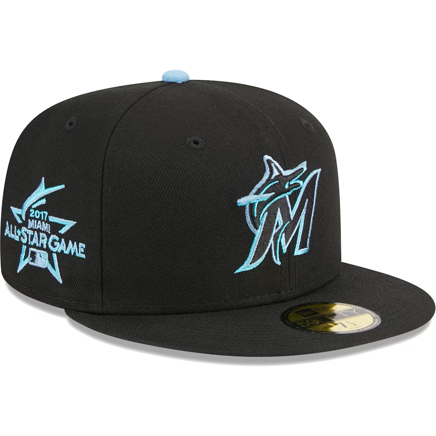 New Era Miami Marlins Black/Baby Blue Pastel Undervisor 2023 59FIFTY Fitted Hat