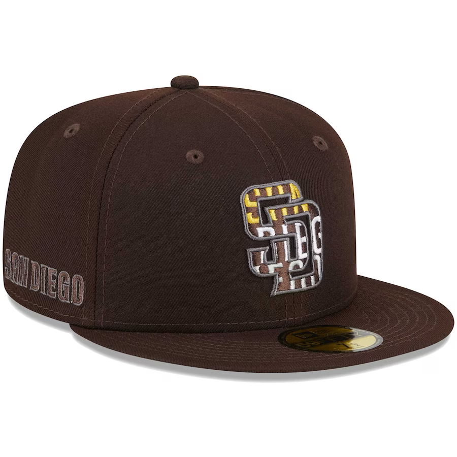 San Diego Padres New Era MLB 59FIFTY 5950 Fitted Cap Hat Gray Crown Wheat Visor Brown Round Swinging Friar Logo 1969 Go Padres Side Patch Cream UV 7 1