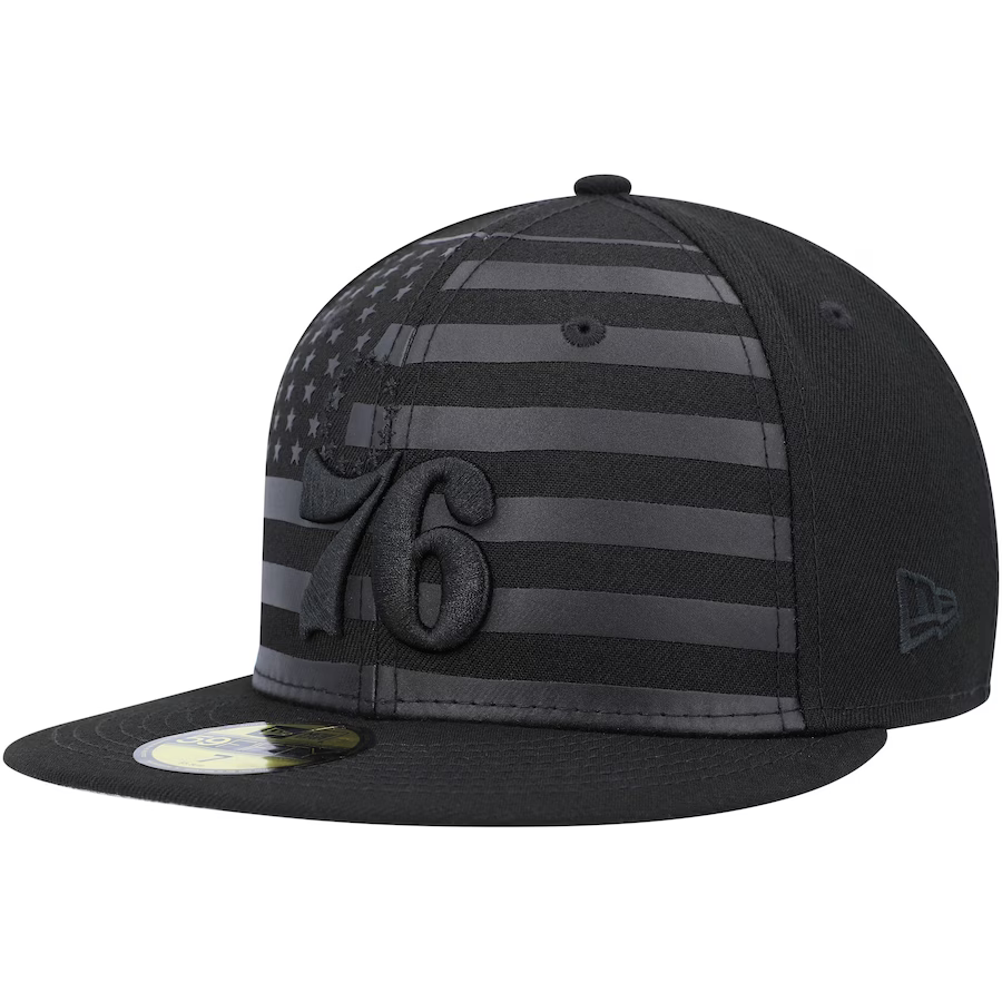 New Era Philadelphia 76ers All Black American Flag 2023 59FIFTY Fitted Hat