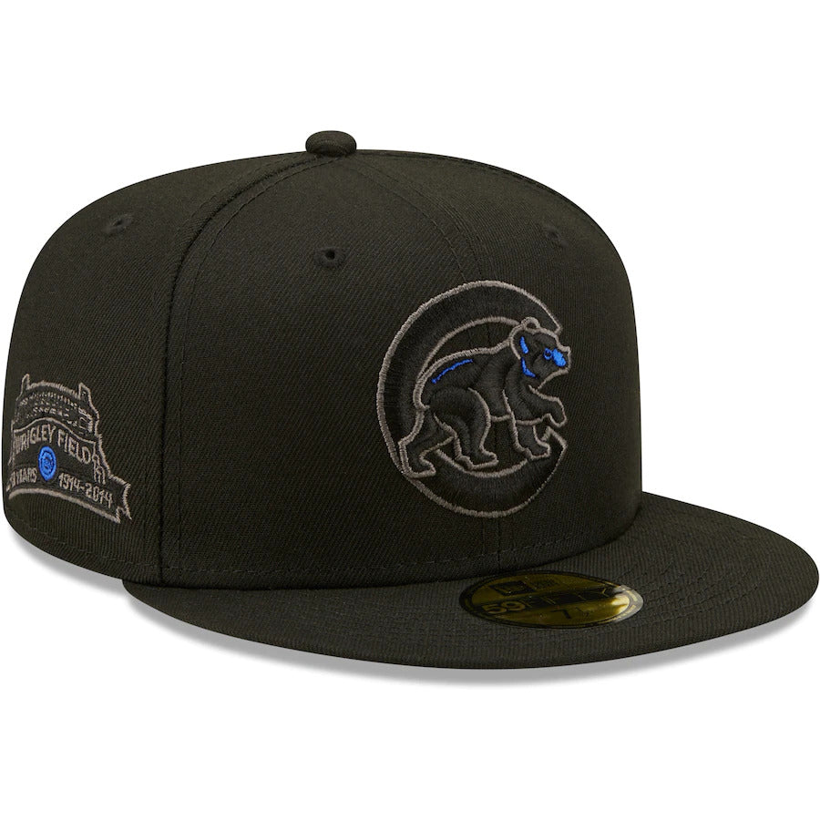 New Era Black Chicago Cubs Wrigley Field 100th Anniversary Patch Blackout Pop Undervisor 59FIFTY Fitted Hat