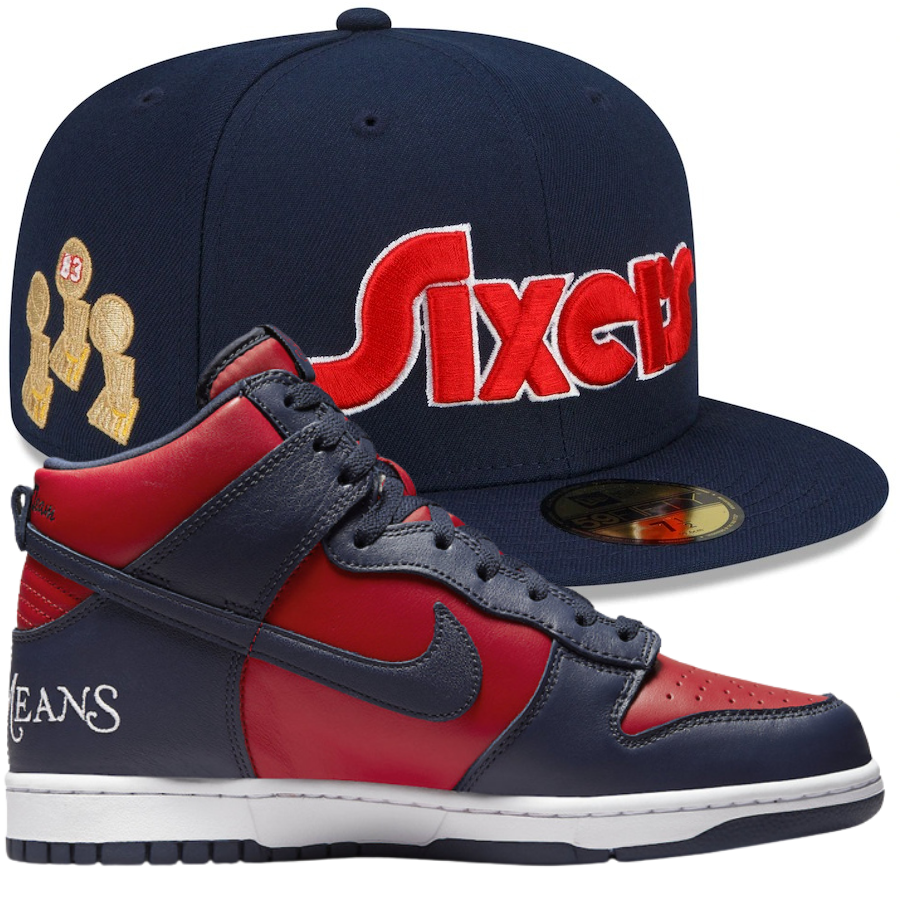 New Era 76ers City Edition Navy/Red Fitted Hat w/ Supreme x Nike Dunk High SB 'By Any Means'