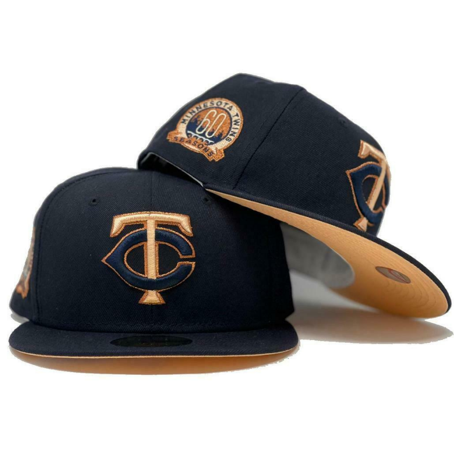 New Era Minnesota Twins Navy Blue 60th Season Patch Peach Undervisor 59FIFTY Fitted Hat