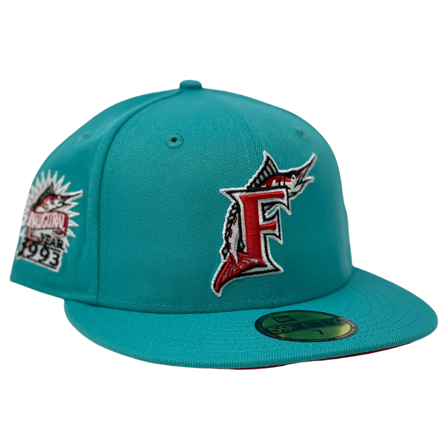 New Era Florida Marlins Teal/Red 1993 Inaugural Season Red Under Brim 59FIFTY Fitted Hat