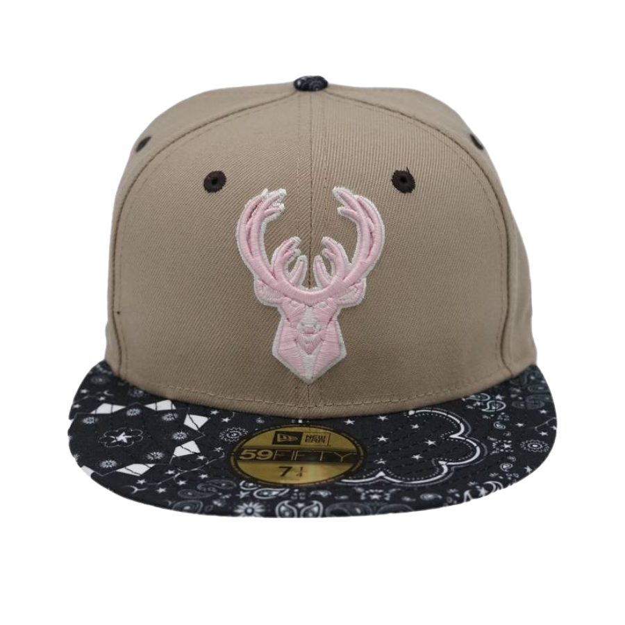 New Era x TBG Tan/Pink Milwaukee Bucks Navy Paisley Brim 59FIFTY Fitted Hat