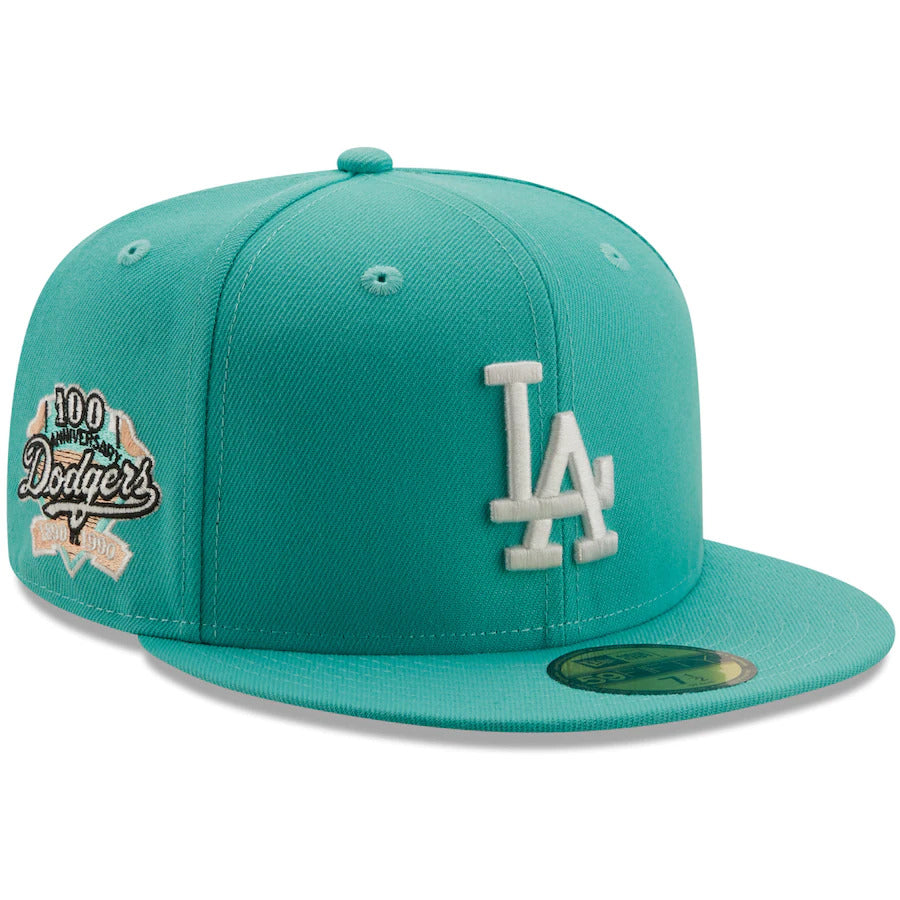 New Era Los Angeles Dodgers Mint 100th Anniversary Peach Undervisor 59FIFTY Fitted Hat