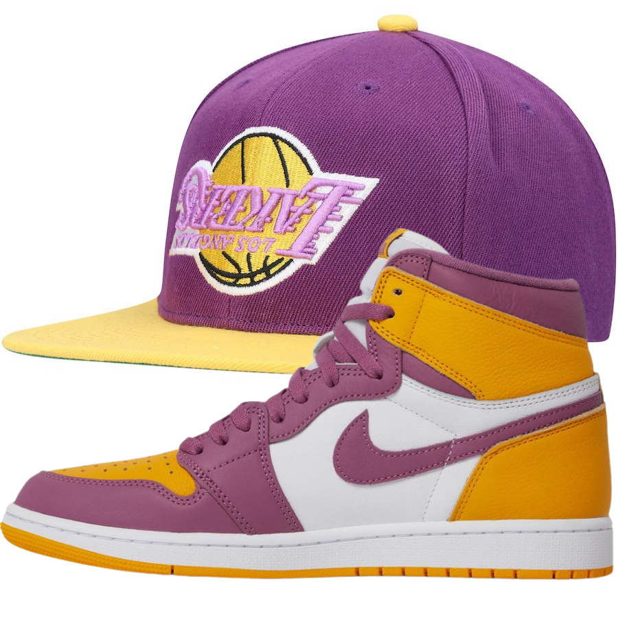 Mitchell & Ness Upside Down Lakers Snapback Hat w/ Air Jordan 1 High Retro OG 'Brotherhood'