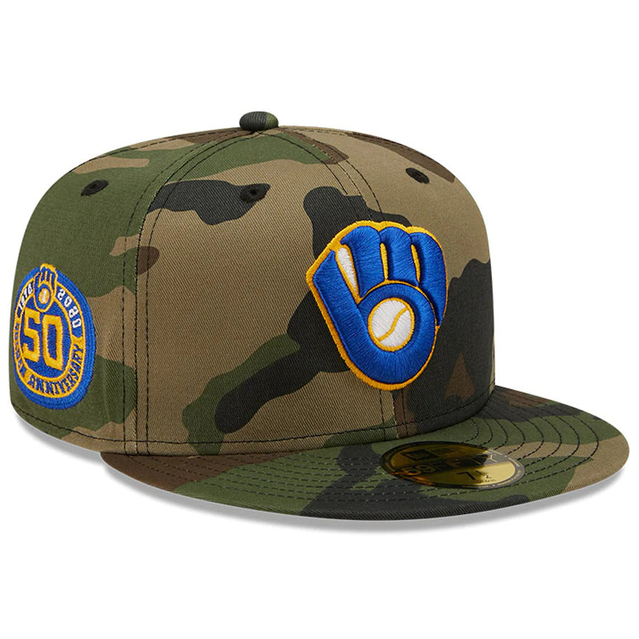 New Era Camo Milwaukee Brewers 50th Anniversary Patch Woodland Undervisor 59FIFTY Fitted Hat