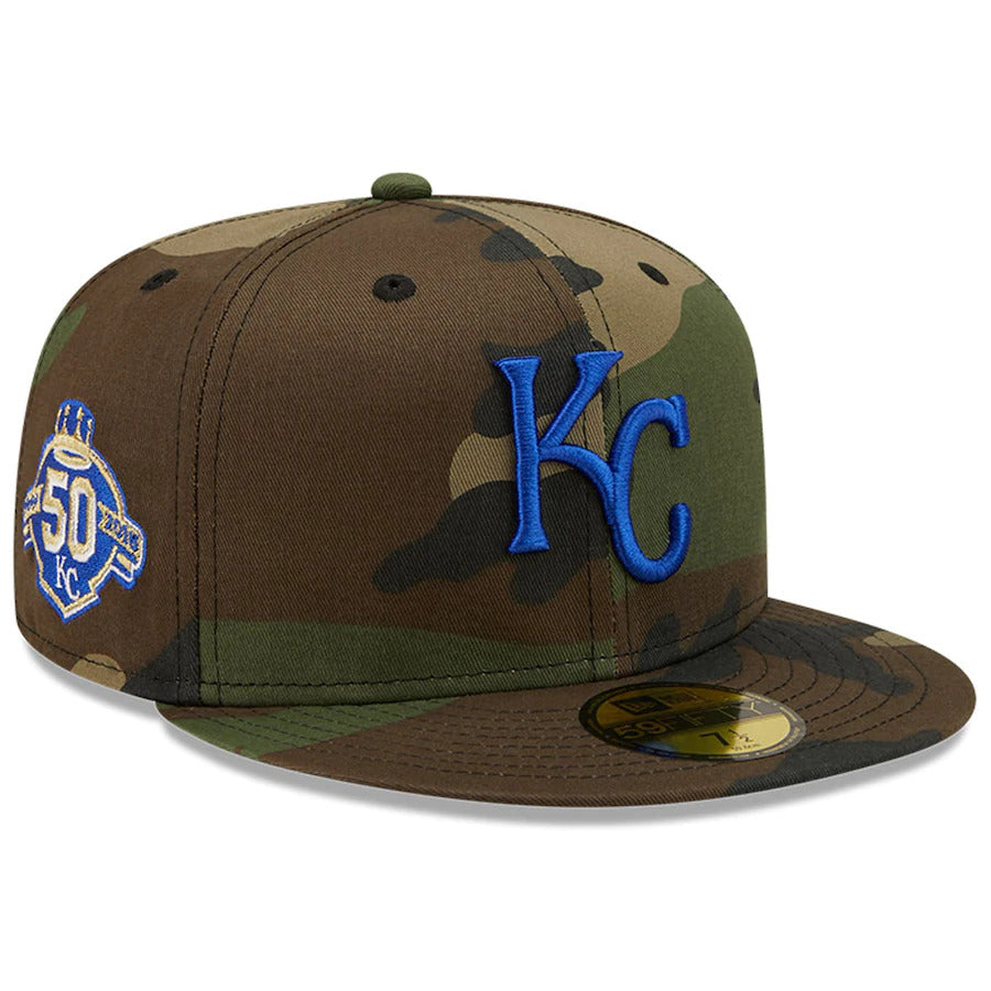 New Era Camo Kansas City Royals 50th Anniversary Patch Woodland Undervisor 59FIFTY Fitted Hat