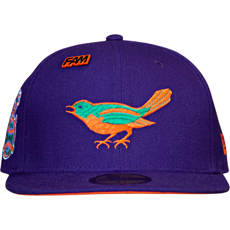 New Era x FAM Baltimore Orioles Purple 1958 All-Star Game Orange Undervisor 59FIFTY Fitted Hat