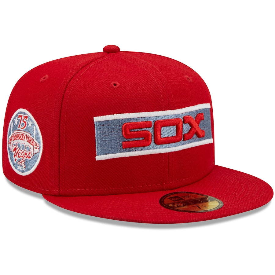 New Era Chicago White Sox Scarlet Red 75 Years at Comiskey Park Blue Undervisor 59FIFTY Fitted Hat