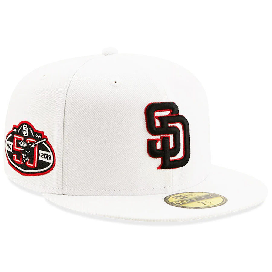 New Era White San Diego Padres 50th Anniversary Patch Red Undervisor 59FIFTY Fitted Hat