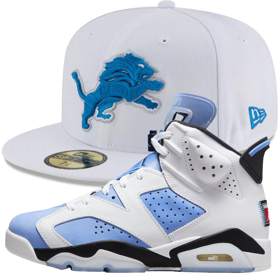 New Era White Detroit Lions Omaha Fitted Hat w/ Nike Air Jordan 6 Retro UNC Sneakers
