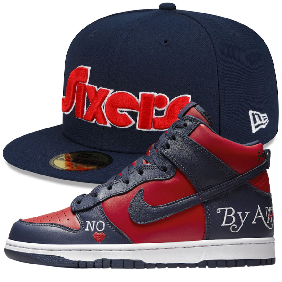 New Era 76ers City Edition Navy/Red Fitted Hat w/ Supreme x Nike Dunk High SB 'By Any Means'