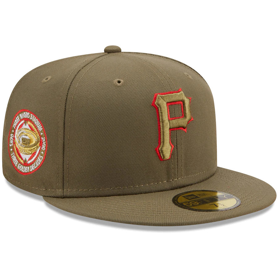 New Era Pittsburgh Pirates Olive Three Rivers Stadium Three Golden Decades Scarlet Undervisor 59FIFTY Fitted Hat