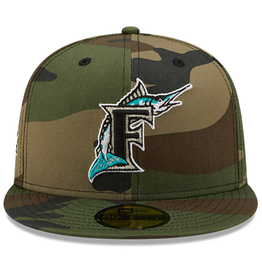 New Era Camo Florida Marlins 10th Anniversary Patch Woodland Undervisor 59FIFTY Fitted Hat