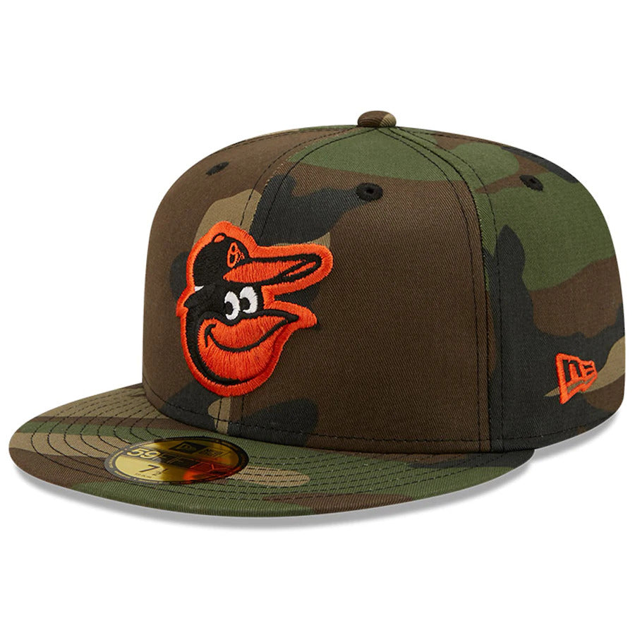 New Era Camo Baltimore Orioles 1983 World Series Patch Woodland Undervisor 59FIFTY Fitted Hat