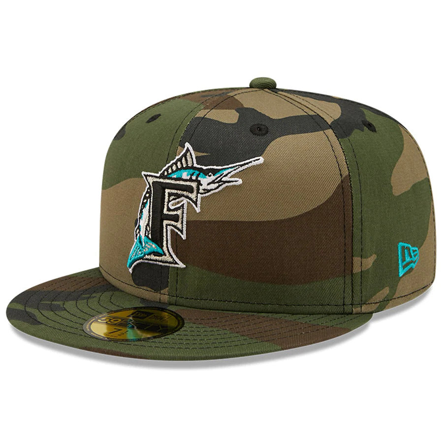 New Era Camo Florida Marlins 10th Anniversary Patch Woodland Undervisor 59FIFTY Fitted Hat