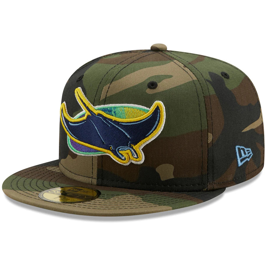 New Era Camo Tampa Bay Rays 20th Anniversary Patch Woodland Undervisor 59FIFTY Fitted Hat