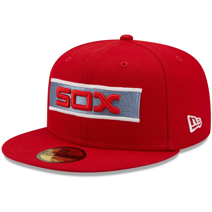 New Era Chicago White Sox Scarlet Red 75 Years at Comiskey Park Blue Undervisor 59FIFTY Fitted Hat