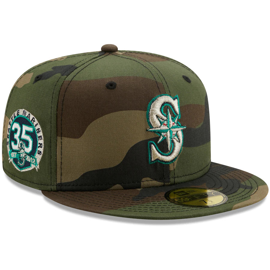 New Era Camo Seattle Mariners 35th Anniversary Patch Woodland Undervisor 59FIFTY Fitted Hat