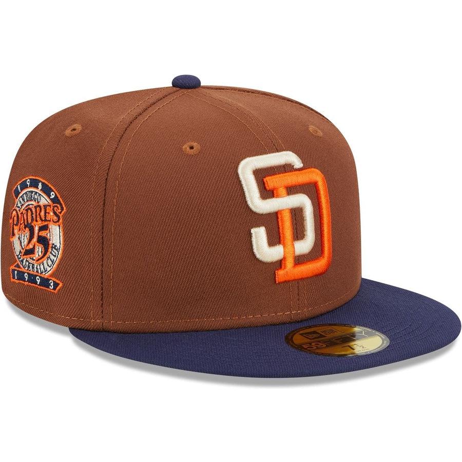 (City Connect Colors) San Diego Padres New Era MLB 59FIFTY 5950 Fitted Cap Hat White Crown Teal Visor Teal/Magenta/Yellow 40th Anniversary Side Patch