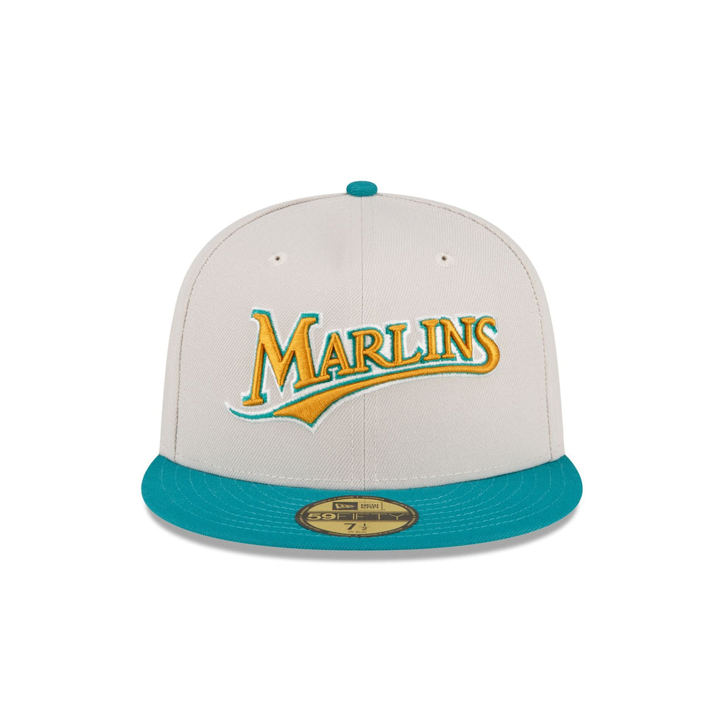 New Era Miami Marlins Hat 59Fifty Fitted 7 3/8 Cap Black Orange 100% Wool  GUC