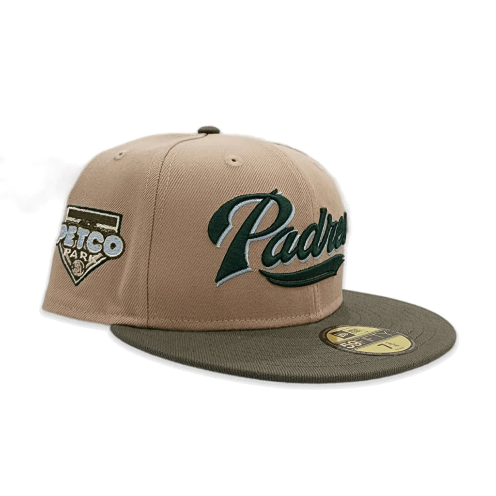 New Era San Diego Padres Script Camel/Olive Green 59FIFTY Fitted Hat