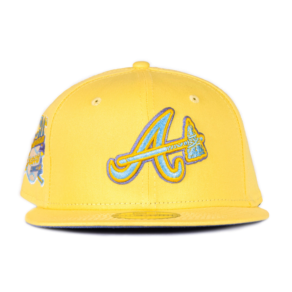 New Era Atlanta Braves Yellow 30th Anniversary Lavender Undervisor 59FIFTY Fitted Hat
