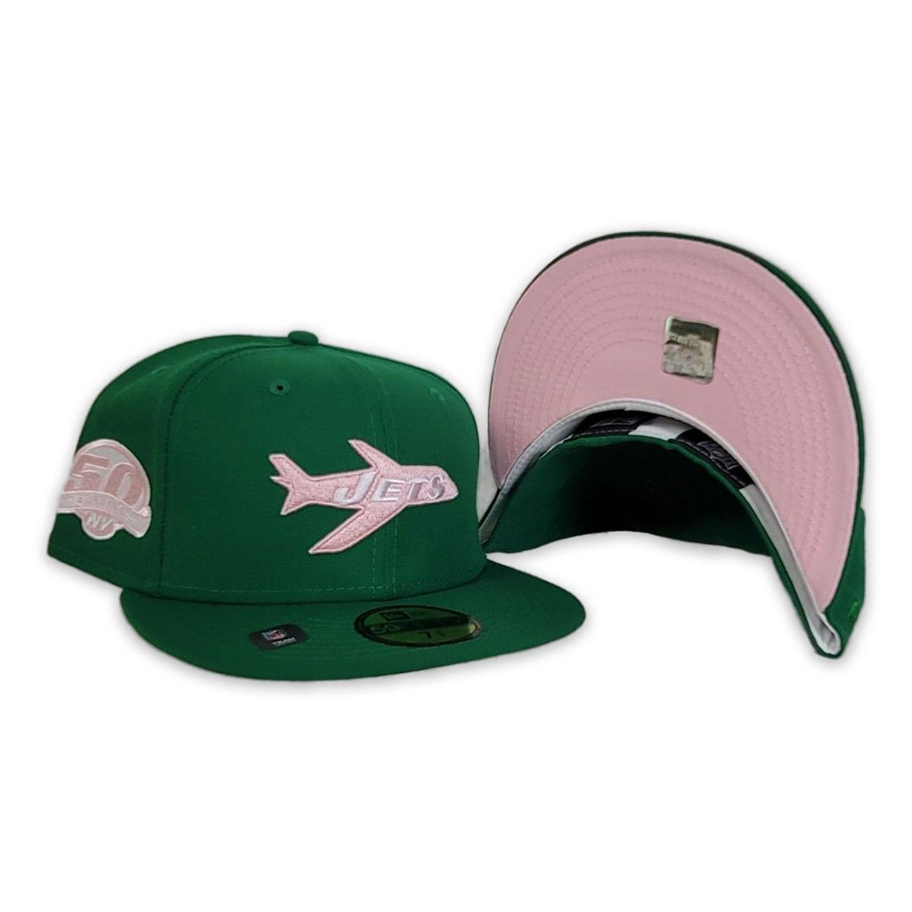 New Era New York Jets Green 50th Season Patch Pink Undervisor 59FIFTY Fitted Hat
