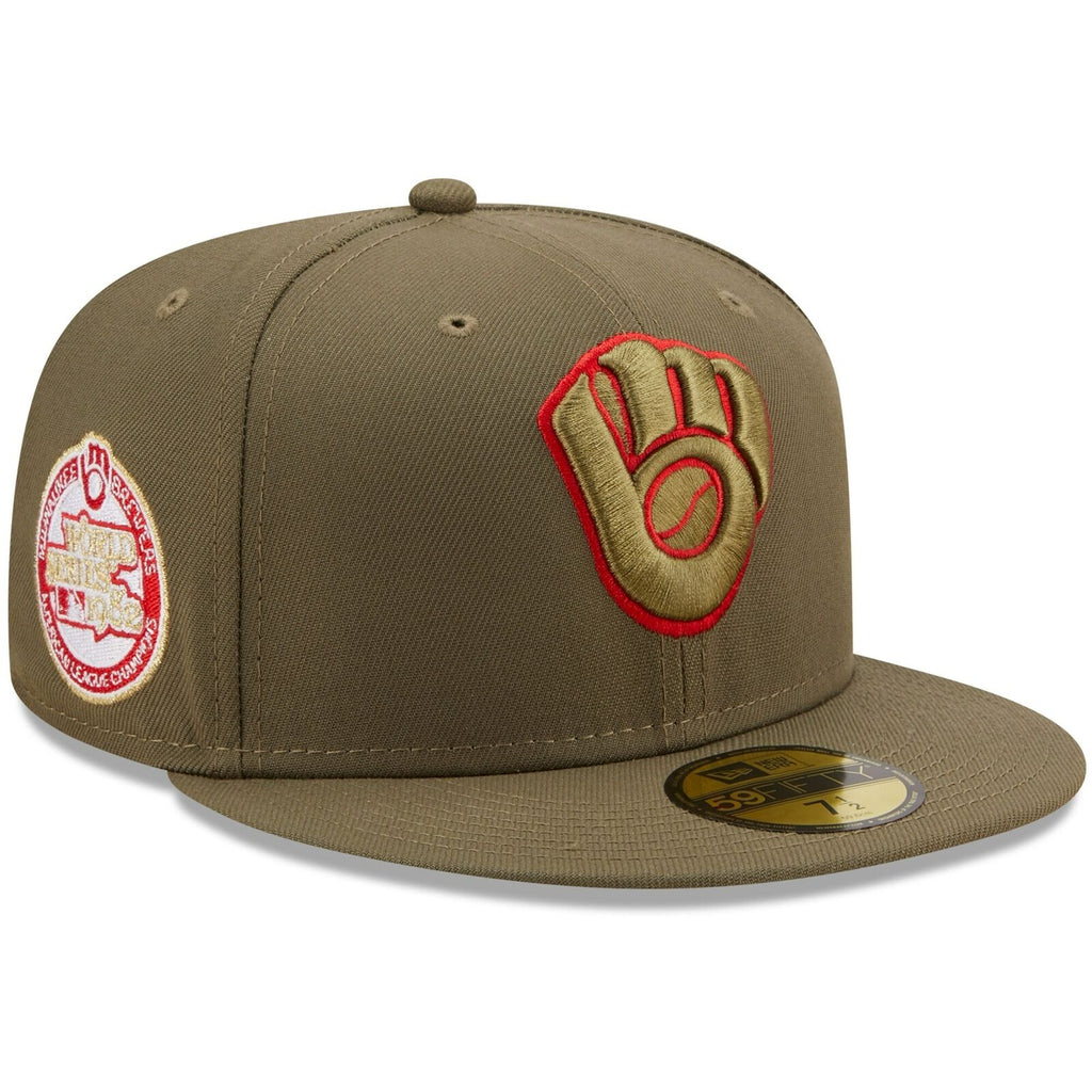 New Era Milwaukee Brewers Olive 1982 World Series Scarlet Undervisor 59FIFTY Fitted
