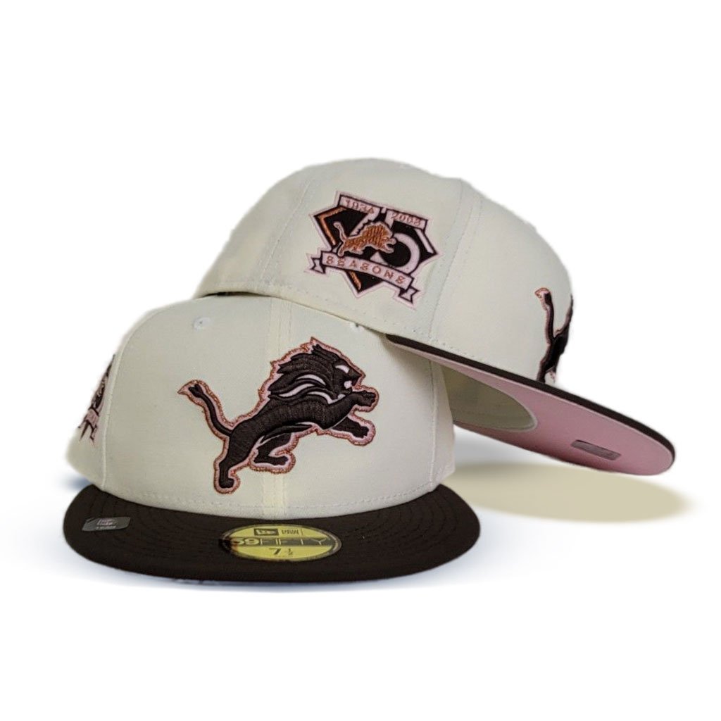 New Era Detroit Lions Off-White/Brown 75th Anniversary Pink Undervisor 59FIFTY Fitted Hat