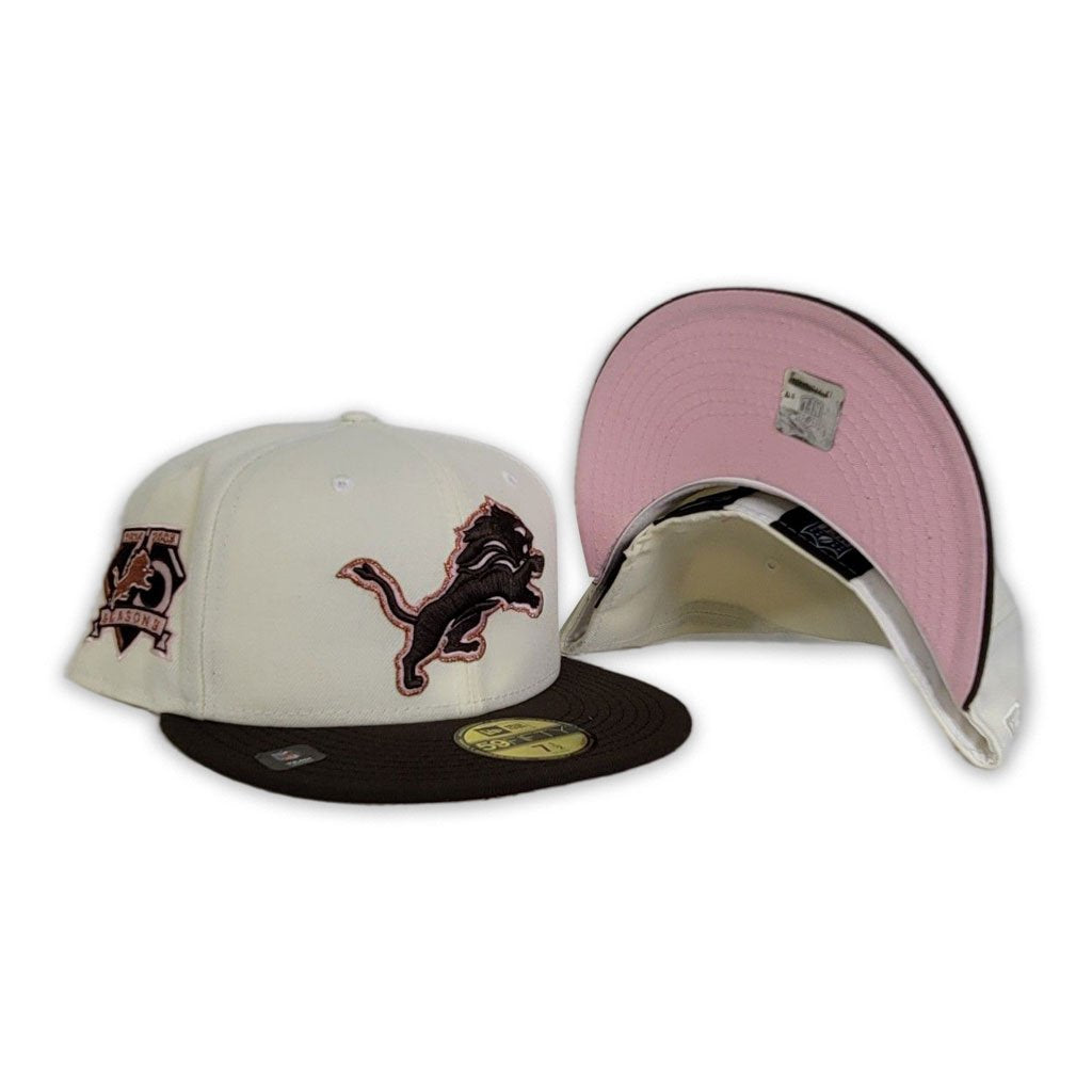 New Era Detroit Lions Off-White/Brown 75th Anniversary Pink Undervisor 59FIFTY Fitted Hat