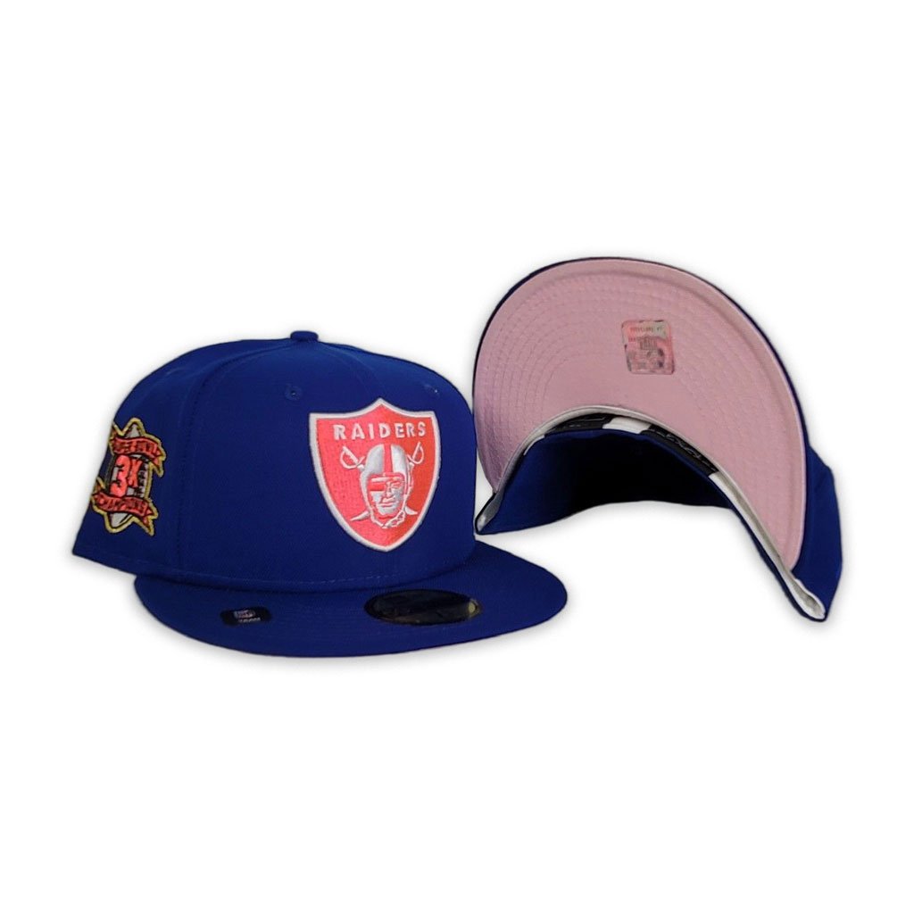New Era Las Vegas Raiders Royal/Pink 3x Super Bowl Champions Patch 59FIFTY Fitted Hat