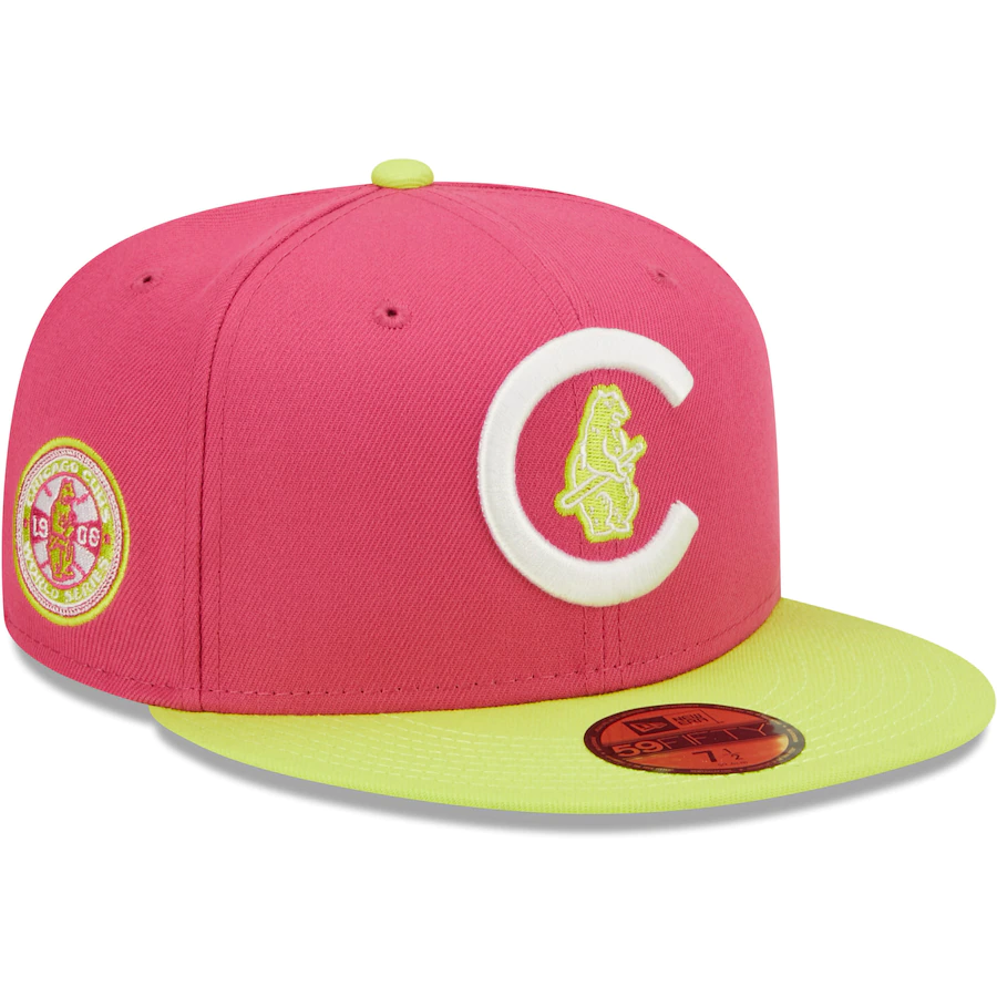 New Era Chicago Cubs Pink 1908 World Series Champions Beetroot Cyber 59FIFTY Fitted Hat