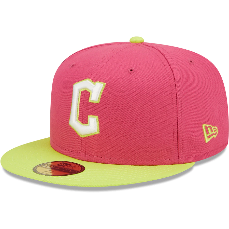 New Era Cleveland Guardians Pink Primary Logo Beetroot Cyber 59FIFTY Fitted Hat