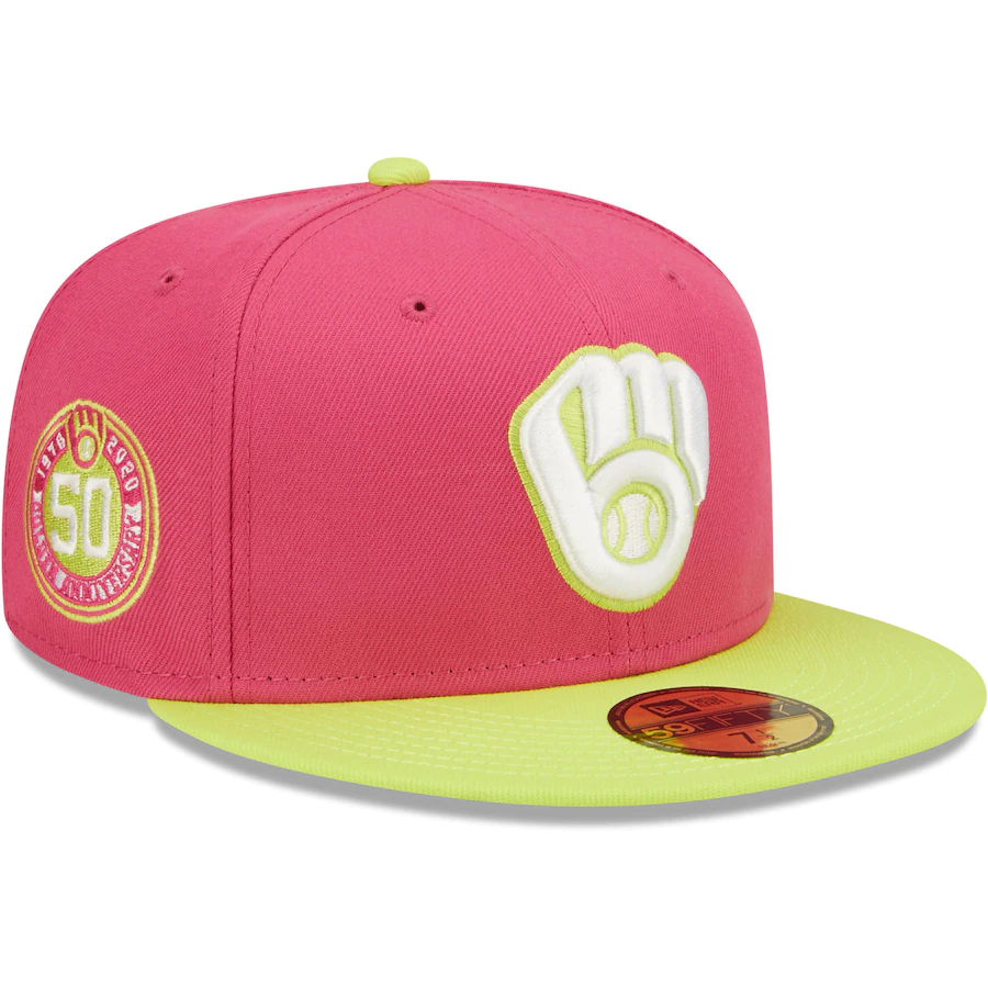 New Era Milwaukee Brewers Pink 50th Anniversary Beetroot Cyber 59FIFTY Fitted Hat