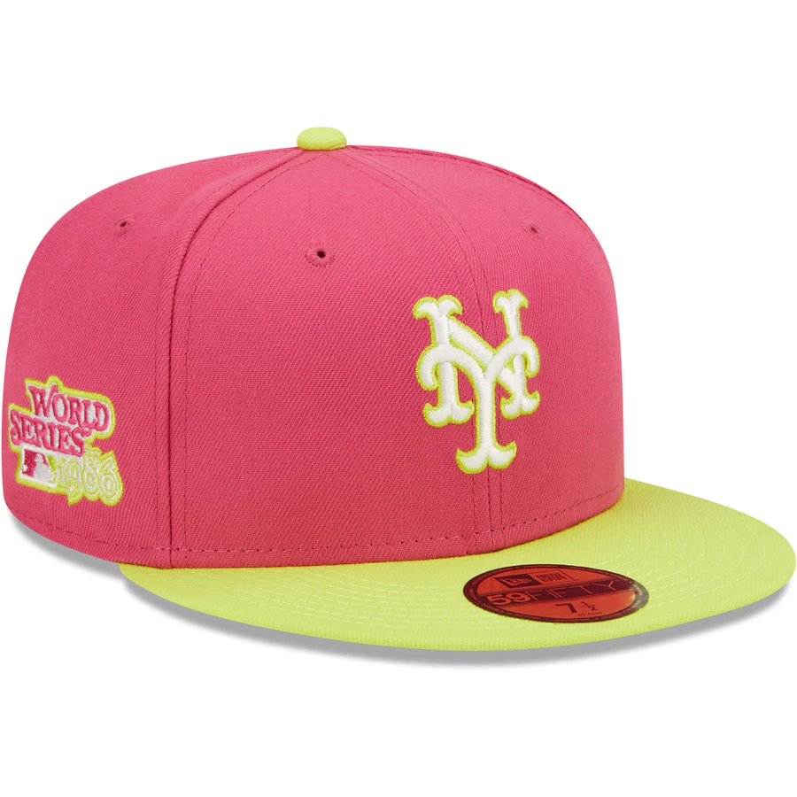 New Era New York Mets Pink 1986 World Series Champions Beetroot Cyber 59FIFTY Fitted Hat