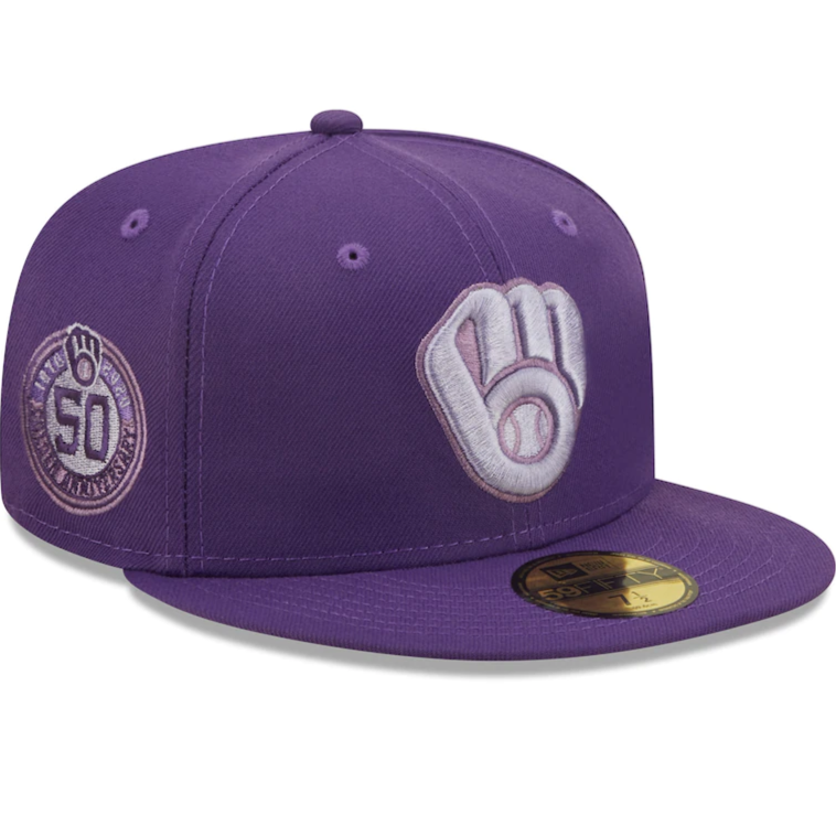 New Era Milwaukee Brewers Purple 50th Anniversary Lavender Undervisor 59FIFTY Fitted Hat