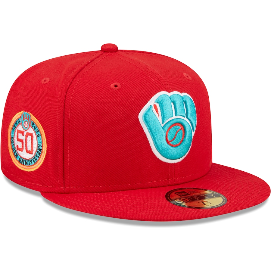 New Era Milwaukee Brewers 50th Anniversary Scarlet/Teal Undervisor 2022 59FIFTY Fitted Hat